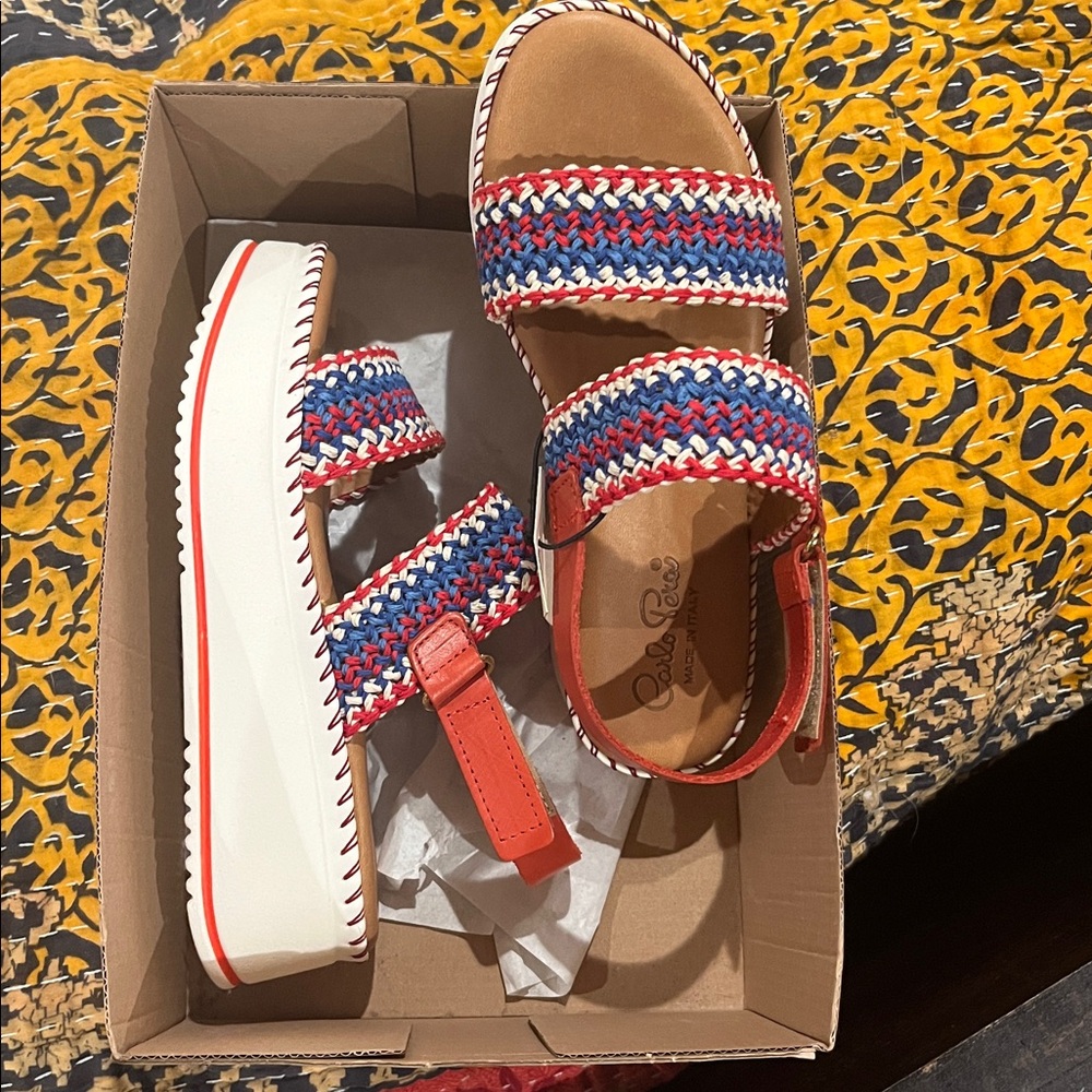 Carlos Pera Red, Blue & White Woven Sandals NWT Size 38